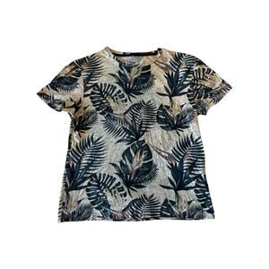 Voyage Men’s Tropical Leaf Print T-Shirt Size M Beige Black Short Sleeve Casual